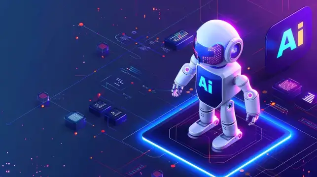 3D-робот с надписью AI на груди на неоновой платформе