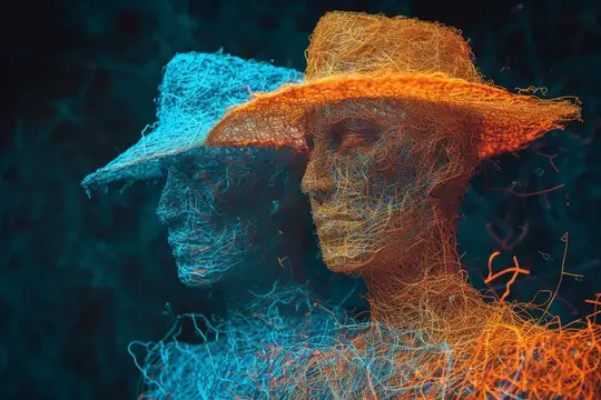 3D-рендер двух мужчин в шляпах из светящихся нитей