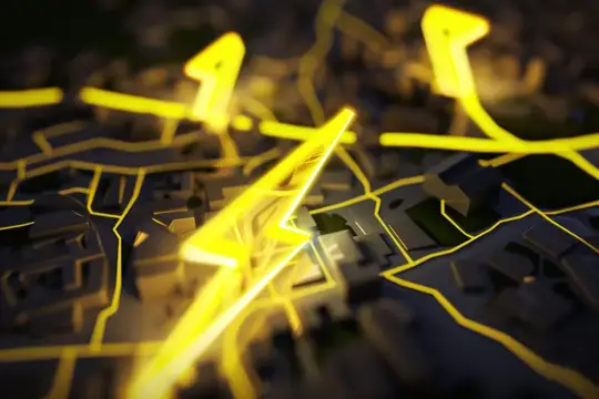 3D-рендер ночного города с светящимися жёлтыми маршрутами