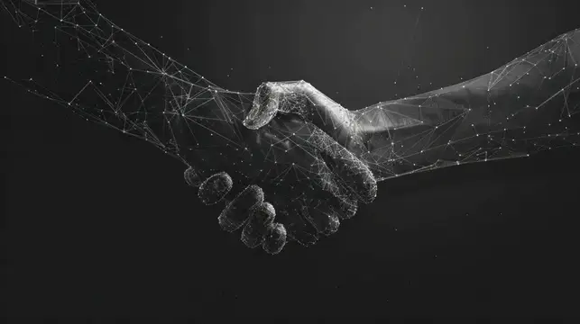 Концептуальное изображение двух пожимающих друг друга рук, символизирующее единство и командную работу, выполненное в геометрическом дизайне