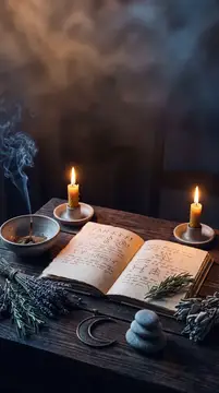 Старинная книга с травами и свечами на деревянном столе
