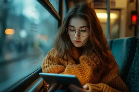 Молодая девушка в очках смотрит в планшет в вечернем автобусе