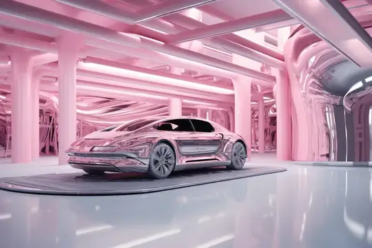 3D-рендер футуристичного серебристого автомобиля в розовом интерьере