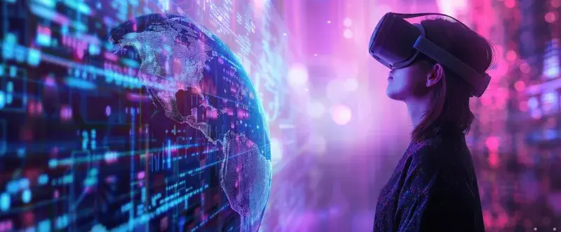 Девушка в VR-очках смотрит на цифровую Землю