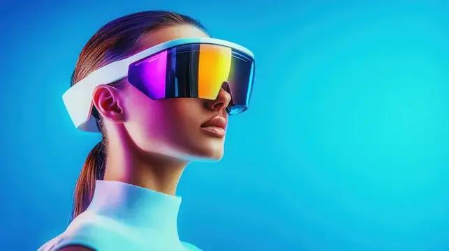 Девушка в футуристичных VR-очках на синем фоне