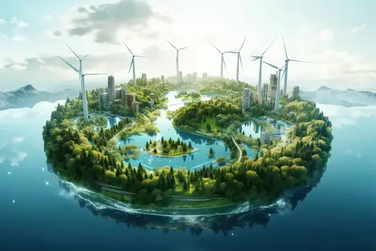 3D-рендер парящего зелёного острова с городом и ветряками