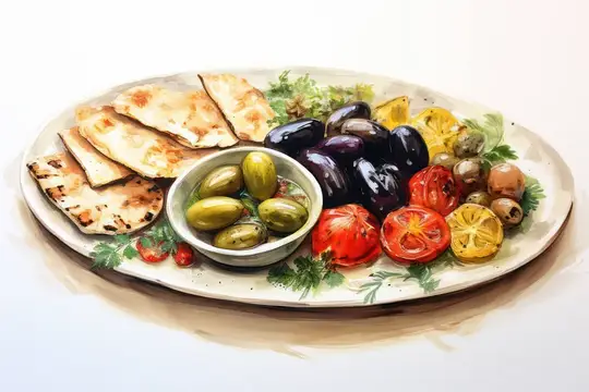 Иллюстрация средиземноморской закуски с лепёшкой, оливками и овощами
