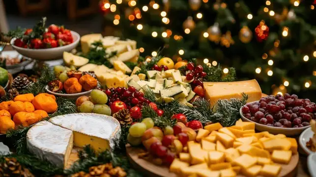 Праздничная сырная тарелка с фруктами на фоне ёлки с гирляндой