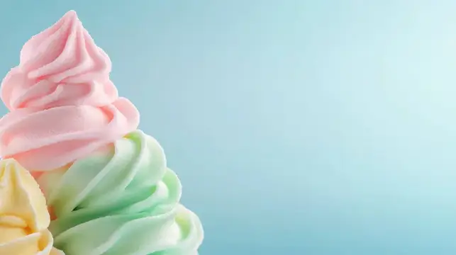 Яркие рожки мороженого с розовыми, мятными и желтыми завитками на пастельно-голубом фоне