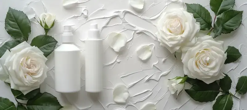 Белые флаконы косметики на фоне крема с розами