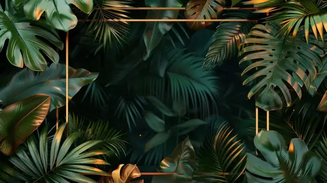 3D-рендер тропических листьев с золотыми рамками