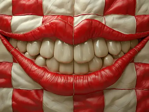 3D-рендер улыбающегося рта на красно-белом клетчатом фоне