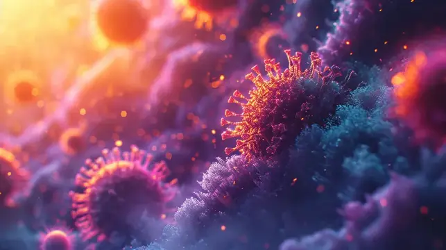 3D-рендер вирусных частиц в ярких фиолетово-оранжевых тонах