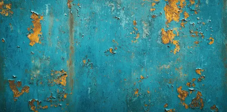 Состаренный бирюзовый фон с оранжевыми узорами ржавчины, облупившейся краской и индустриальной эстетикой, идеально подходит для дизайнерских и художественных проектов