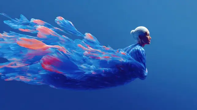 3D-рендер женщины с развевающимися синими и розовыми тканями