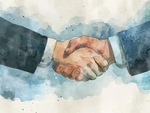Акварельная иллюстрация рукопожатия двух мужчин в деловых костюмах