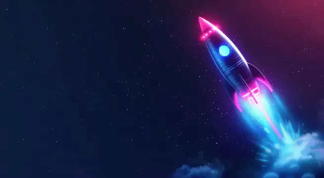 Красочная ракета взмывает в темное ночное небо, выпуская синее и розовое пламя, на фоне рассыпанных звезд и перистых облаков, символизируя исследование и инновации