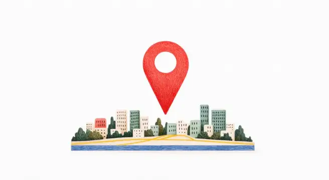 Иллюстрация с красным геометкой над маленьким городом с домами и деревьями