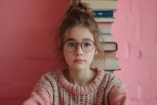 Юная девушка в очках и свитере на фоне розовой стены с книгами