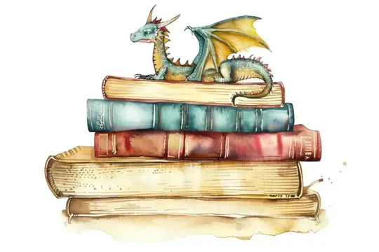 Акварельная иллюстрация с драконом на стопке старинных книг
