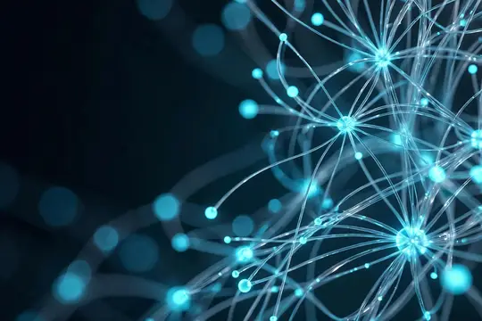 3D-рендер светящейся нейронной сети на тёмно-синем фоне
