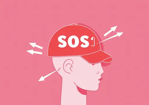 Иллюстрация головы в красной кепке с надписью SOS и стрелками