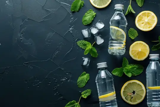 Бутылки воды с лимоном, мятой и льдом на тёмном столе
