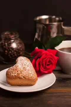 Сердечное печенье с сахарной пудрой, красная роза и чашка кофе на столе