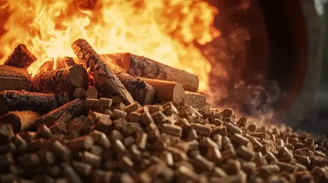 Яркий огонь в печи с дровами и топливными гранулами