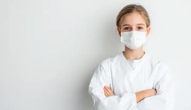 Светловолосая девочка в белом халате и медицинской маске