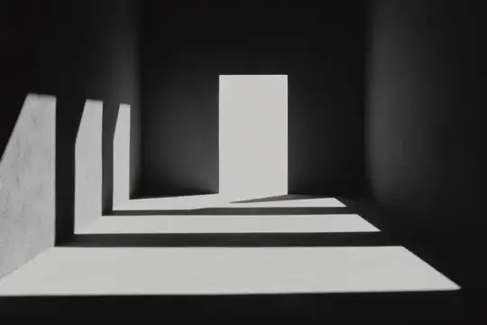 3D-рендер с белыми геометрическими фигурами и тенями на чёрном фоне
