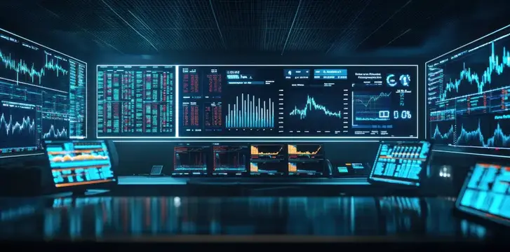 Высокотехнологичный зал для финансовых торгов с передовыми графиками и визуализациями данных на нескольких экранах