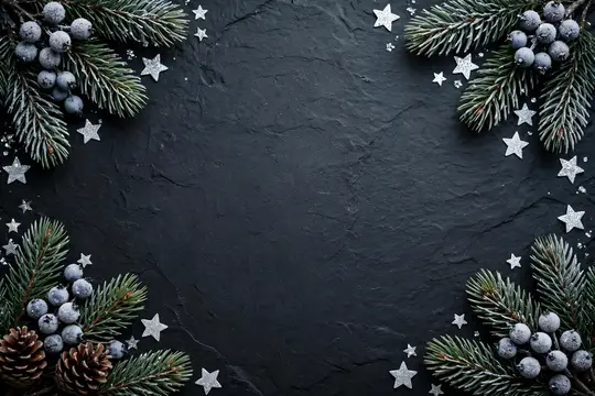 Еловые ветки с шишками и звёздами на тёмном фоне