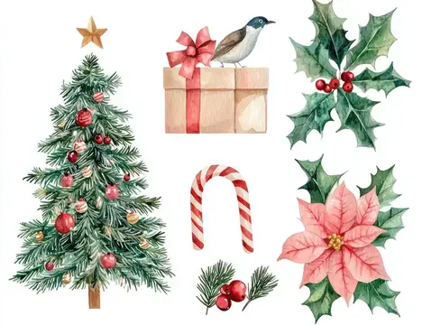 Акварельная новогодняя коллекция с ёлкой, подарком и пуансеттией