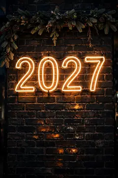 Неоновые цифры 2027 на кирпичной стене с еловой гирляндой