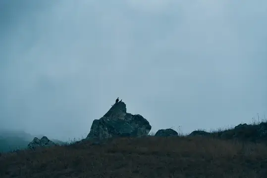 Одинокая фигура на вершине скалы в туманных сумерках
