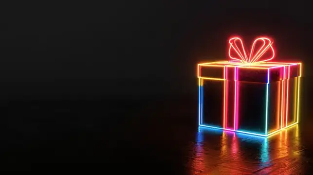 Неоновая подарочная коробка с бантом на тёмном фоне