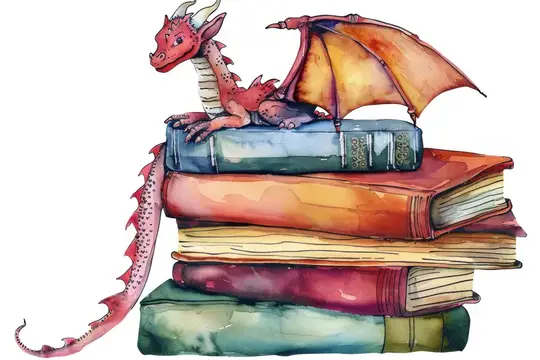 Акварельная иллюстрация дракона, сидящего на стопке книг, изолированная на белом фоне