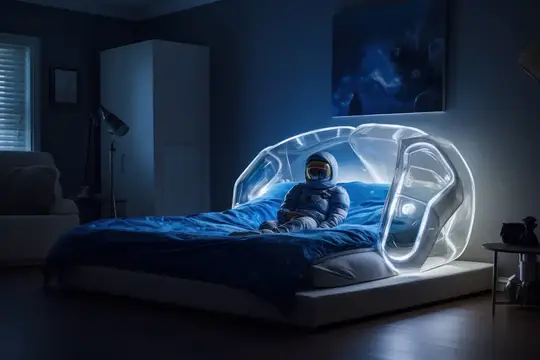 3D-рендер со спящим космонавтом в светящейся капсуле на кровати