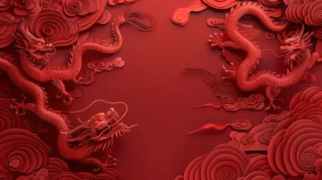 3D-рендер с красными китайскими драконами и облаками на алом фоне