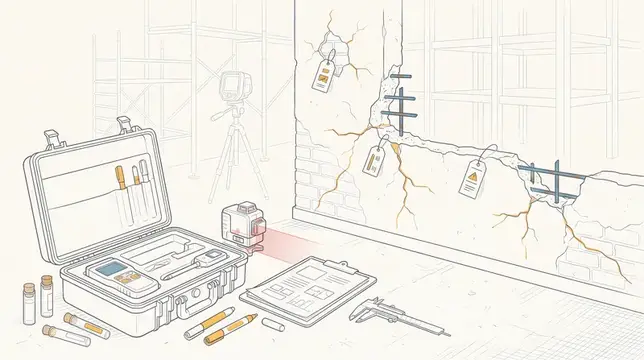 Иллюстрация с инструментами для обследования треснувшей кирпичной стены