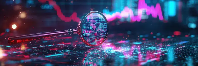 Увеличительное стекло лежит на отражающей поверхности в окружении ярких розовых и синих неоновых графиков данных, что символизирует анализ данных, технологии и современные цифровые решения