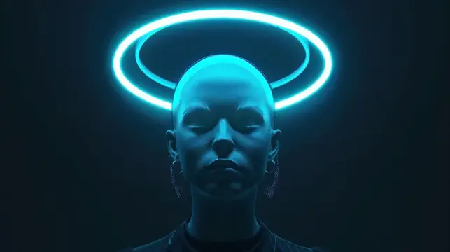 3D-рендер лысой женщины с неоновым нимбом над головой
