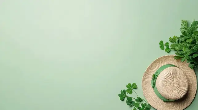 Соломенная шляпа с клевером на светло-зелёном фоне