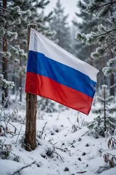 Российский флаг развевается на деревянном столбе в заснеженном лесу