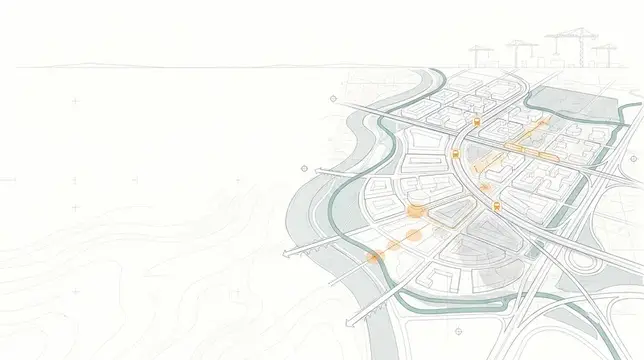 Архитектурная схема прибрежного города с рекой и дорогами