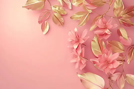 Розовые цветы и золотые листья на нежном фоне