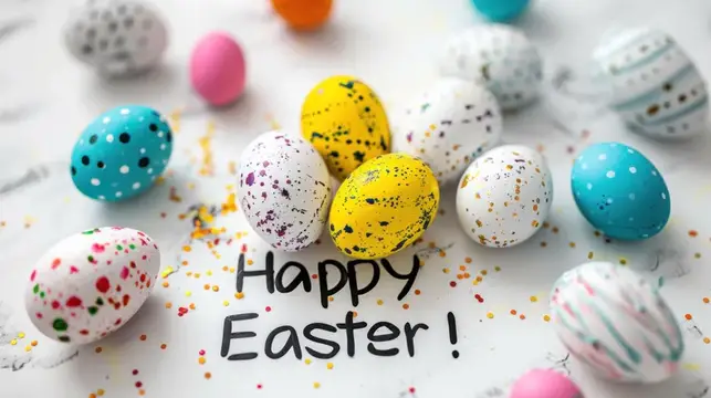 Яркие пасхальные яйца с крапинками и надписью Happy Easter
