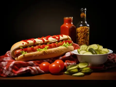 Американская булочка с сосиской, горчица, хот-дог, колбаса, обед, мясо, закуска, кетчуп, нездоровая пища, лук, хлеб, вкусный барбекю