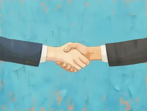 Иллюстрация рукопожатия двух мужчин в деловых костюмах на голубом фоне